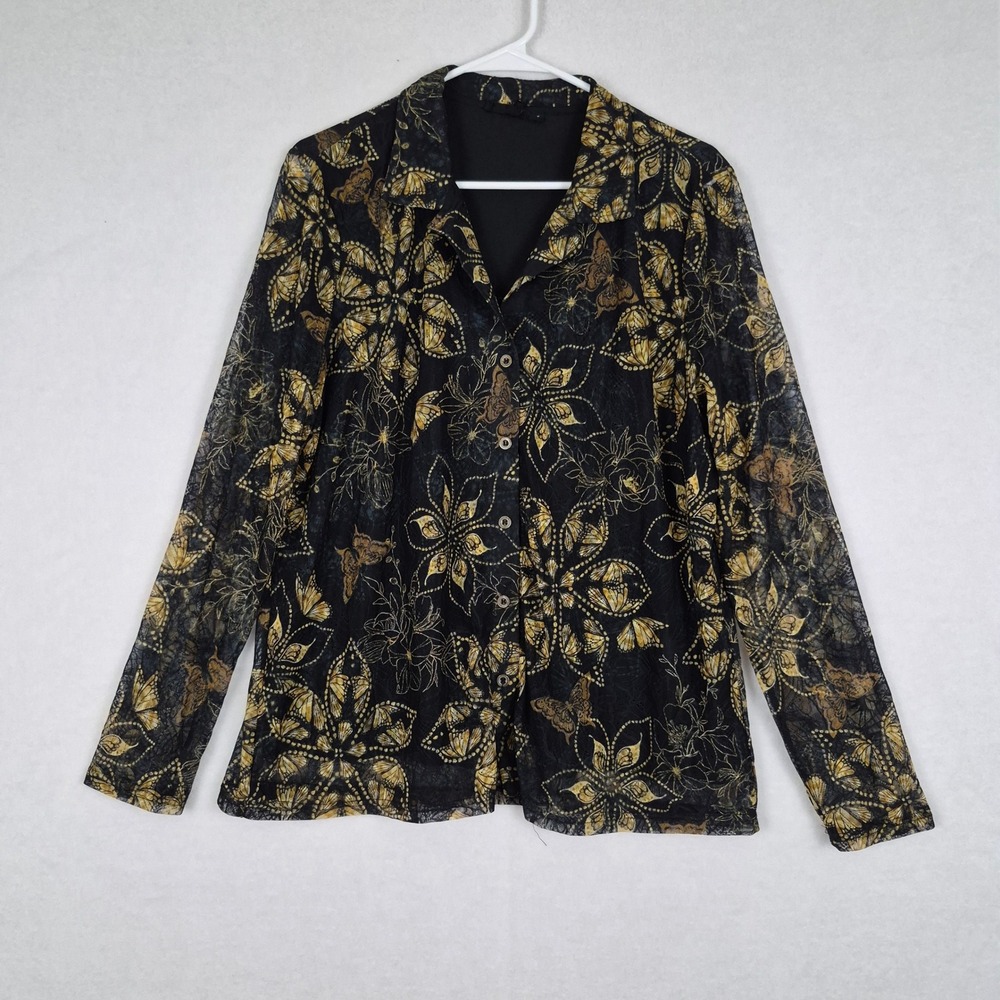 Whimsigoth XL Black Gold Butterfly Floral Lace Button Front Top Fairy Grunge